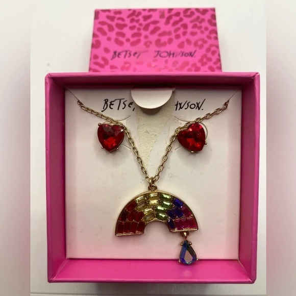 BETSEY JOHNSON SET Crystal Rainbow Necklace & Crystal Heart Earrings in Box NWT - Picture 1 of 4
